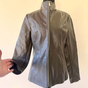 Kenneth Cole Women's Taupe Grey Vegan Leather Stand Collar Zip Jacket